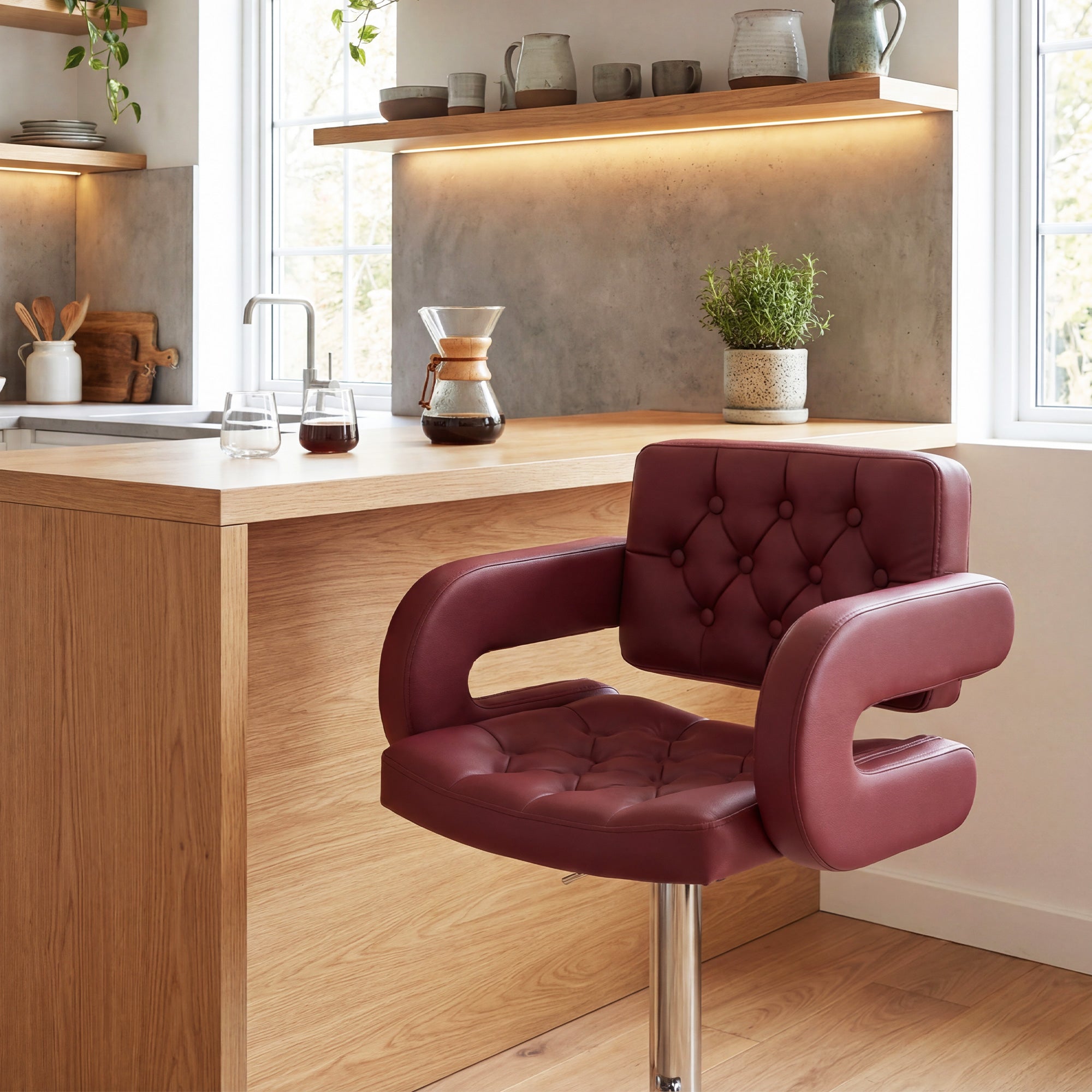 Bar Stool with Backrest and Armrests, Adjustable Height and Footrest, Faux Leather Red