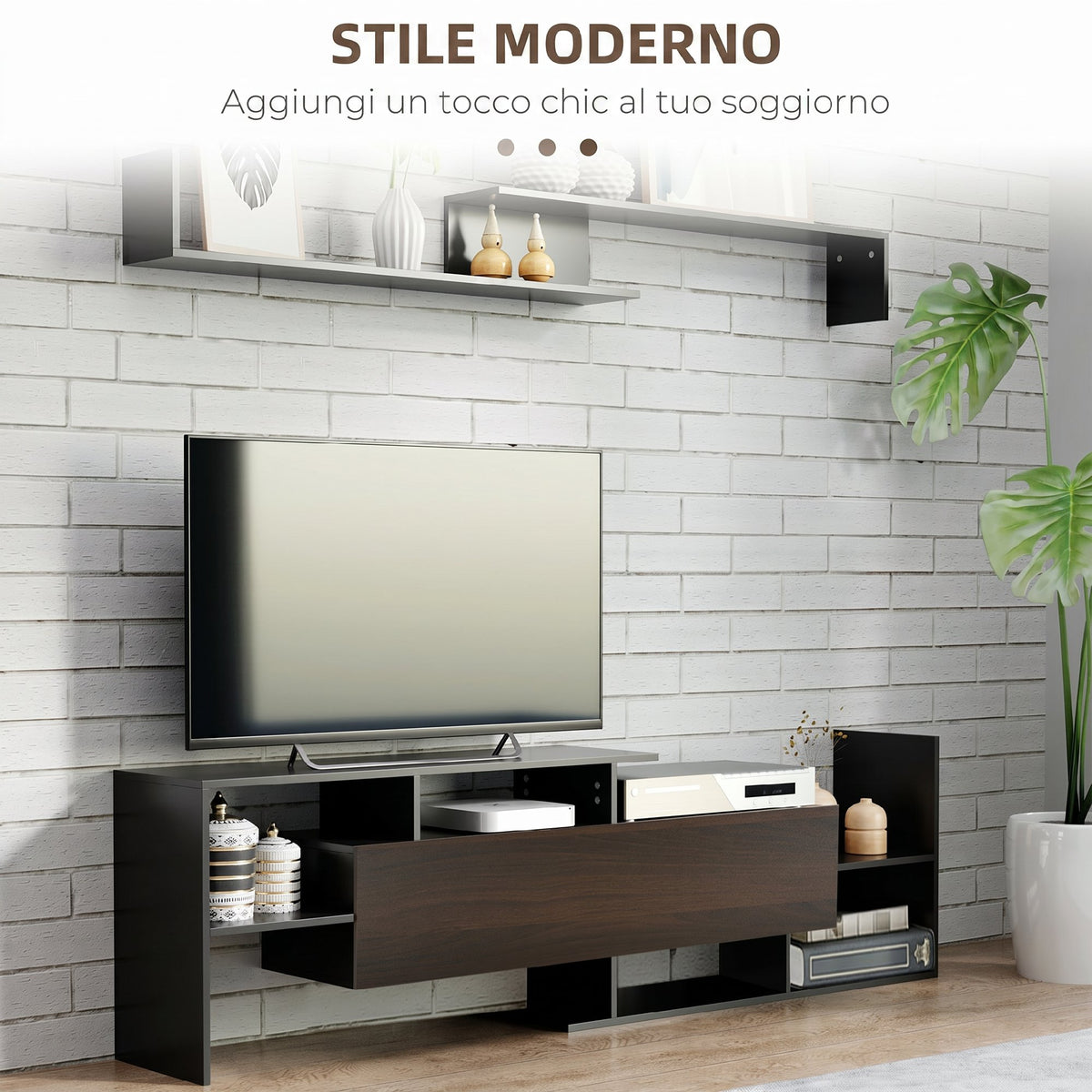 HOMCOM Wall-Mounted TV Stand with Open Shelves and Cabinet for Living Room and Bedroom, Black and Dark Brown