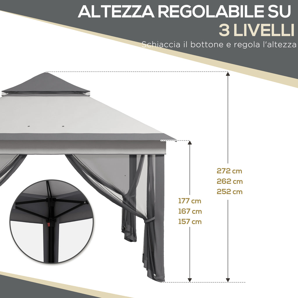 Gazebo with Mosquito Nets Adjustable on 3 Levels, in Steel and Oxford Fabric, 326x326x272 cm, Light and Dark Grey
