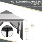 Gazebo with Mosquito Nets Adjustable on 3 Levels, in Steel and Oxford Fabric, 326x326x272 cm, Light and Dark Grey