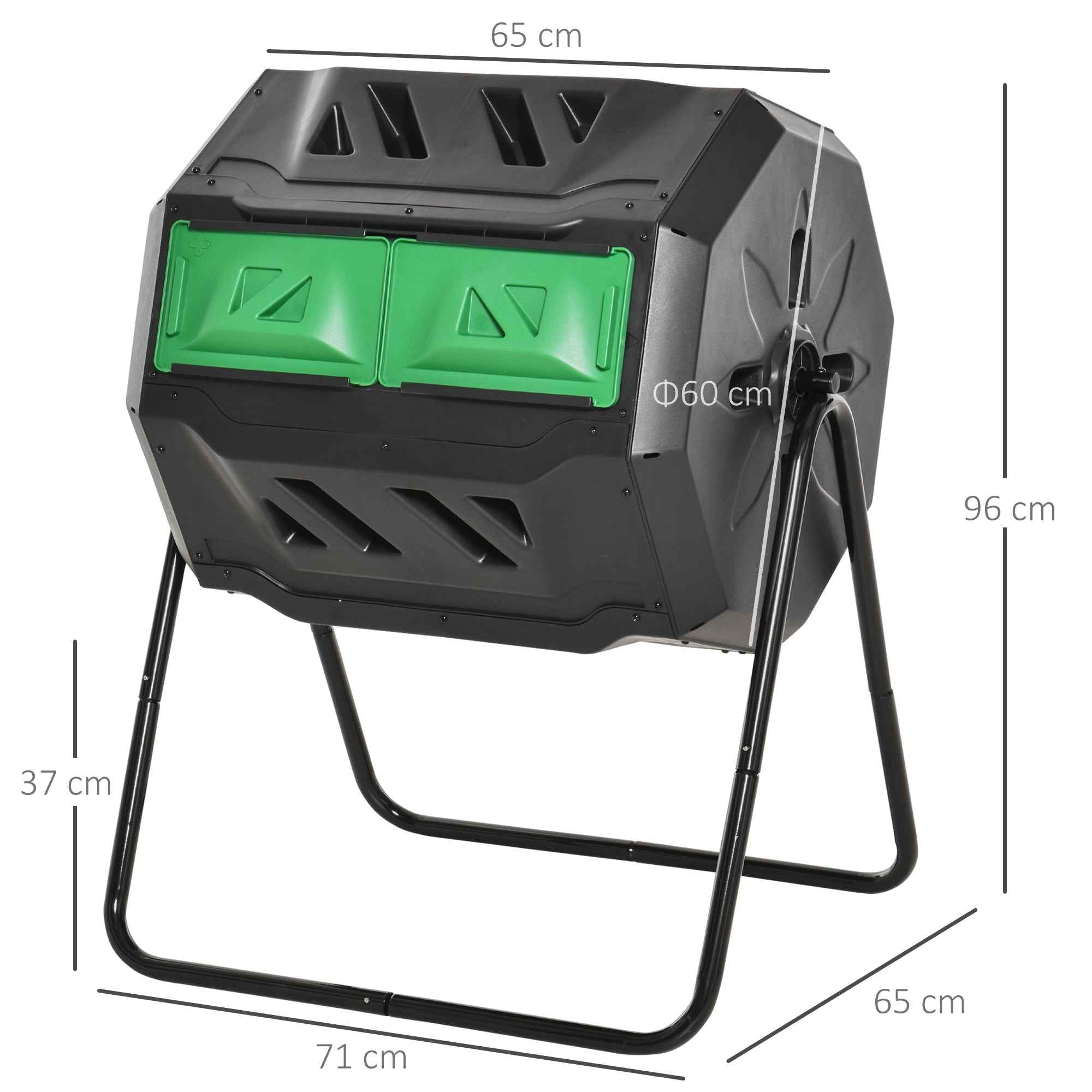 Outsunny 2-Section Rotating Garden Composter with 8 Air Vents, Steel and PP, 71x65x96 cm, Black