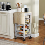 Kitchen Trolley with 3 Baskets, Drawer and 2 Flaps, in Wood and Metal, 37x37x77.5 cm, Grey and Oak