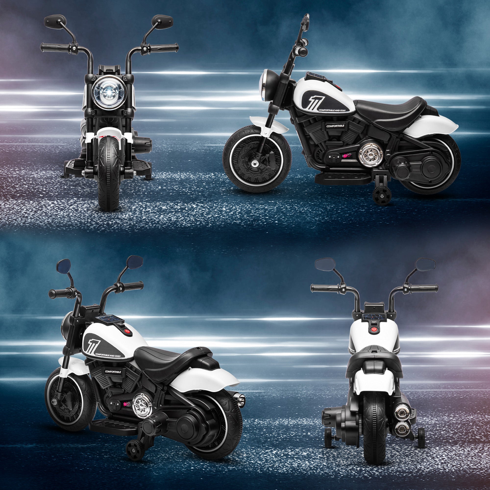 Electric Motorcycle for Children 18-36 Months with Training Wheels and Headlight, 76x42x57 cm, White and Black
