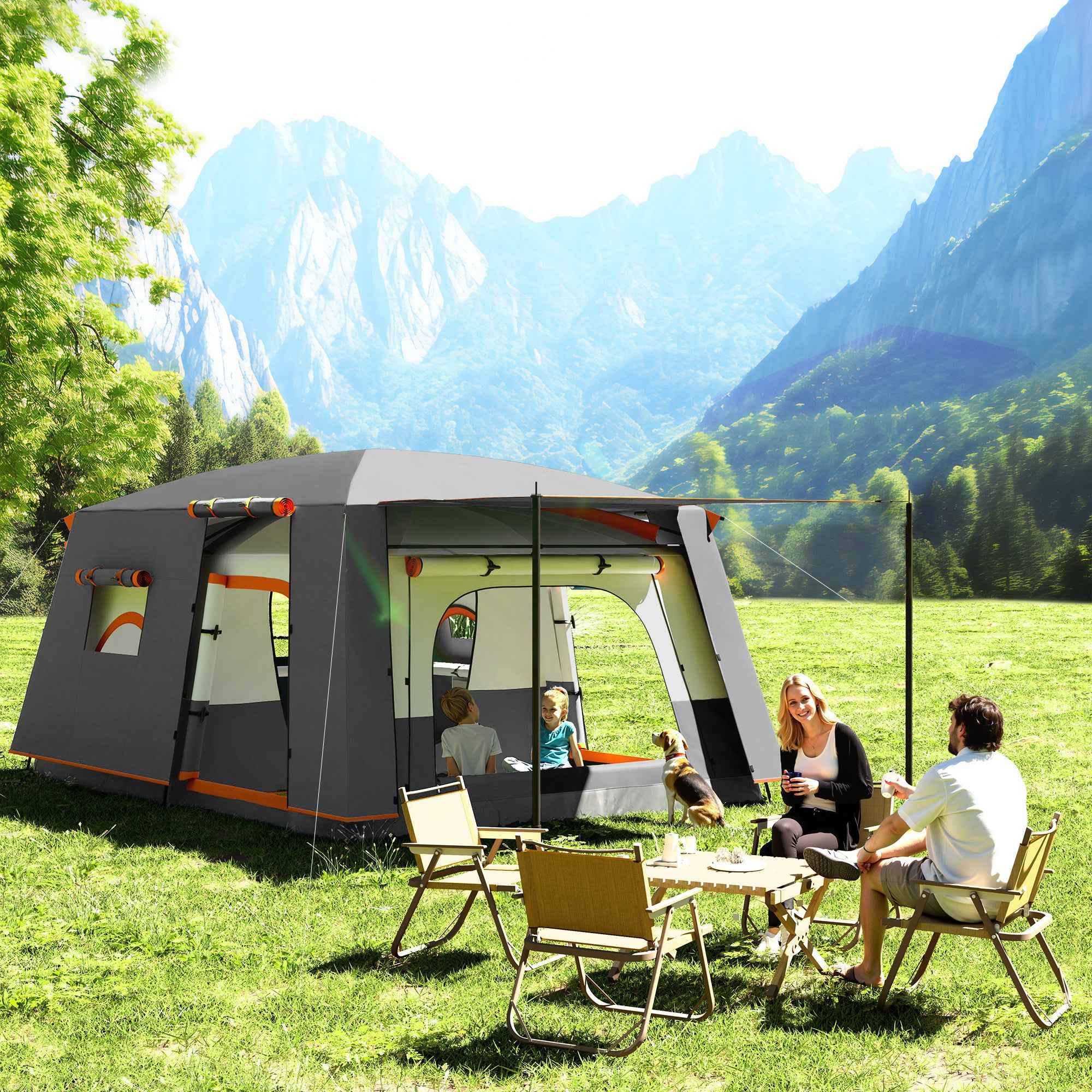 Outsunny 4-6 Person Camping Tent with 2 Bedrooms and Veranda, Waterproof and UPF 30+, Carry Bag, Grey