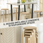 Set of 4 Stackable and Padded Stools with Fabric Upholstery and Wooden Legs, Khaki