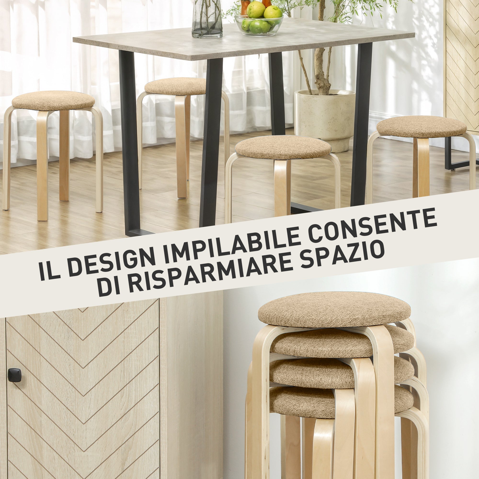 Set of 4 Stackable and Padded Stools with Fabric Upholstery and Wooden Legs, Khaki