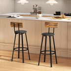 Set of 2 Industrial Style Bar Stools with Backrest, Faux Leather Seat and Footrest, Rustic Brown