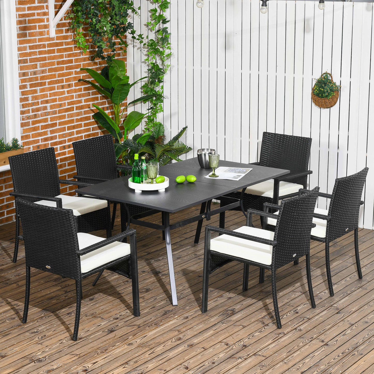 Elegant 7-Piece PE Rattan Garden Set with Dining Table (150x90x72 cm) and 6 Cushioned Chairs (58x62x87 cm) - Borgè