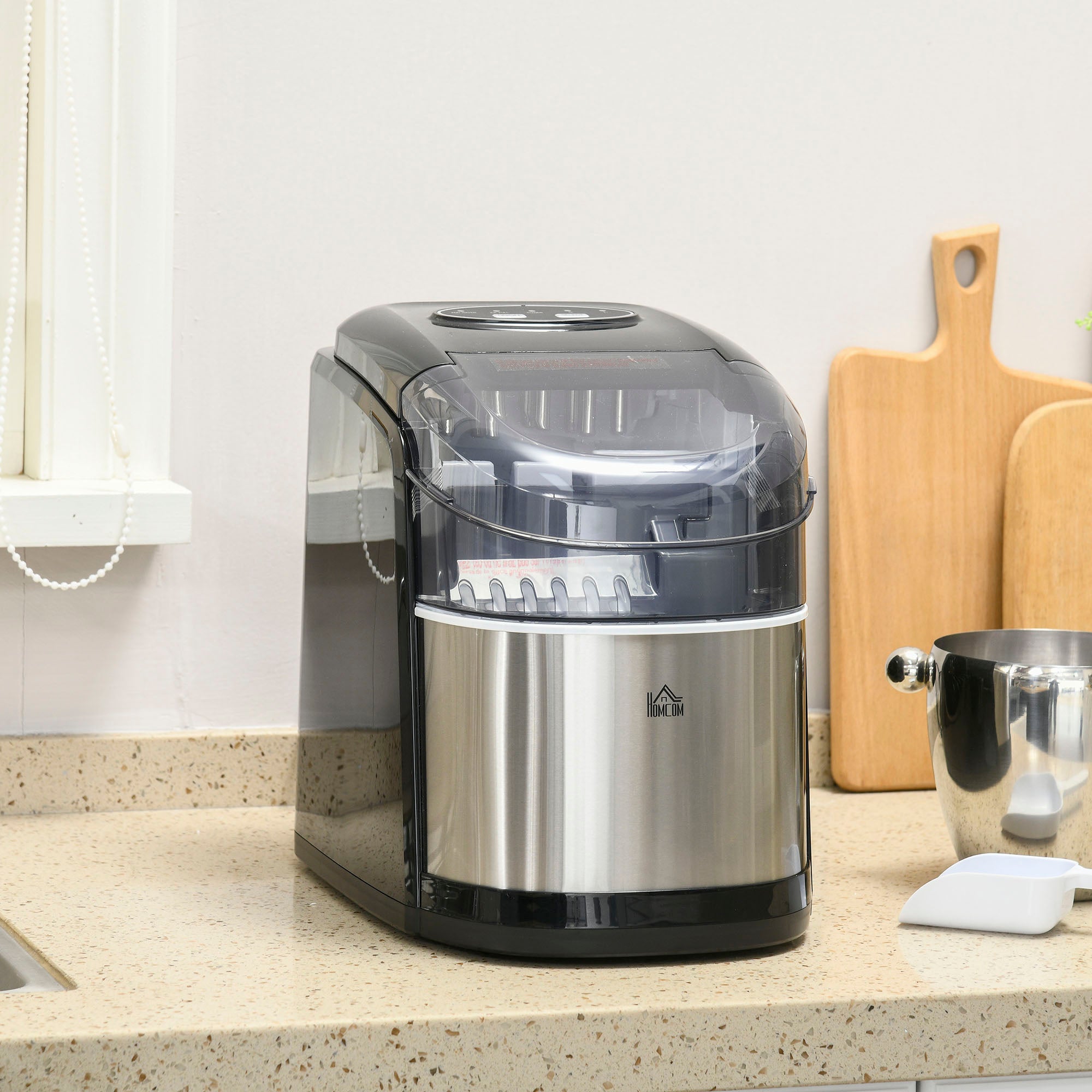 Self-Cleaning Ice Maker with 9 Cubes in 6-12 Minutes, in PP and Stainless Steel, 24.2x35.3x33 cm, Black - Borgè