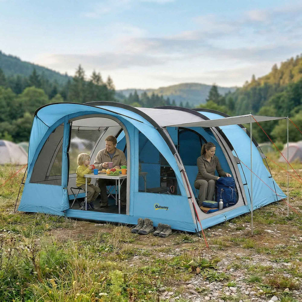 Outsunny 2-4 Person Tunnel Tent, 200cm High, 2 Bedrooms, 3000mm Waterproof, for Trekking, Blue