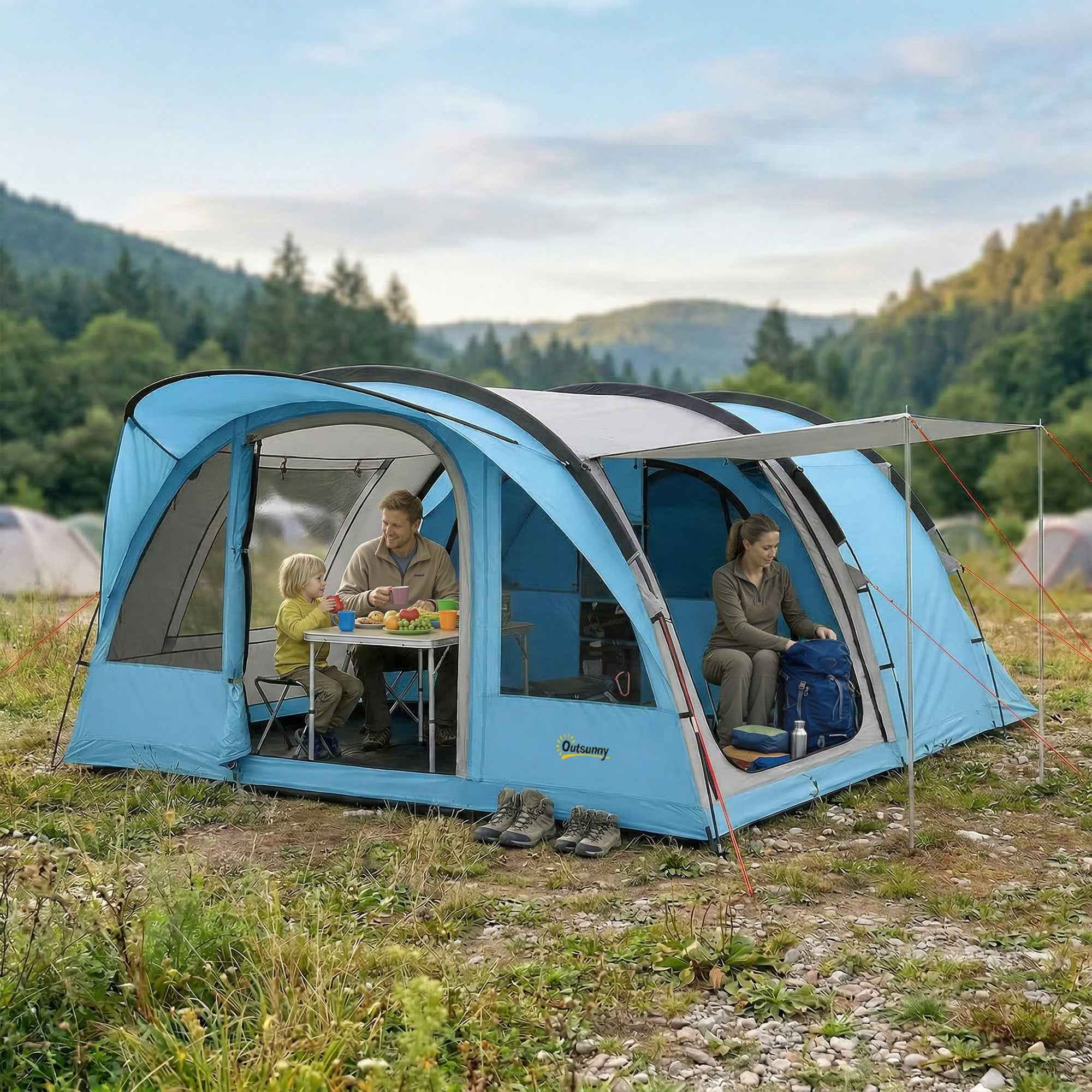 Outsunny 2-4 Person Tunnel Tent, 200cm High, 2 Bedrooms, 3000mm Waterproof, for Trekking, Blue