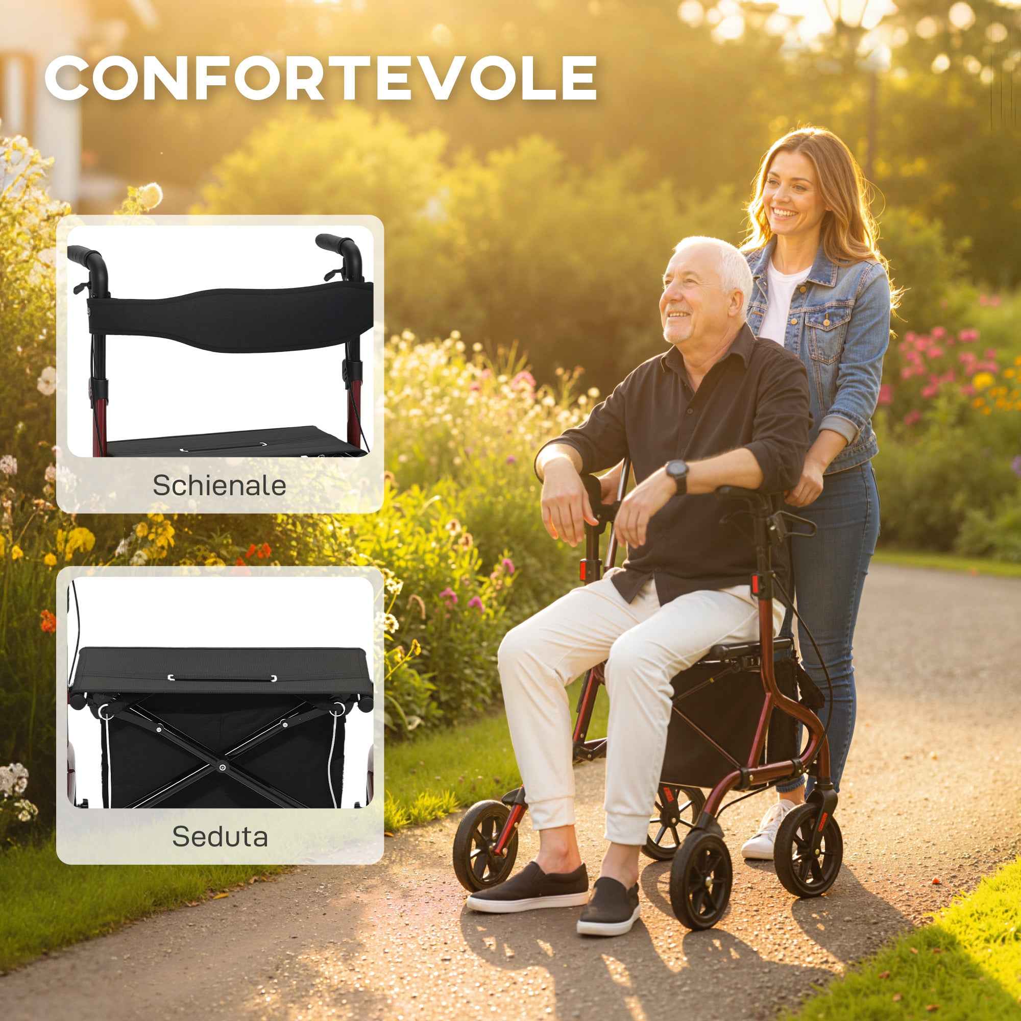 HOMCOM Folding Walker with Seat and Backrest for the Elderly, Adjustable Height, Bag and Cane Holder, Red