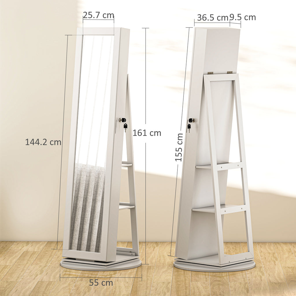 3-in-1 360° Swivel Jewelry Mirror, Rear Shelves and Lockable Door, 55x55x161 cm, White