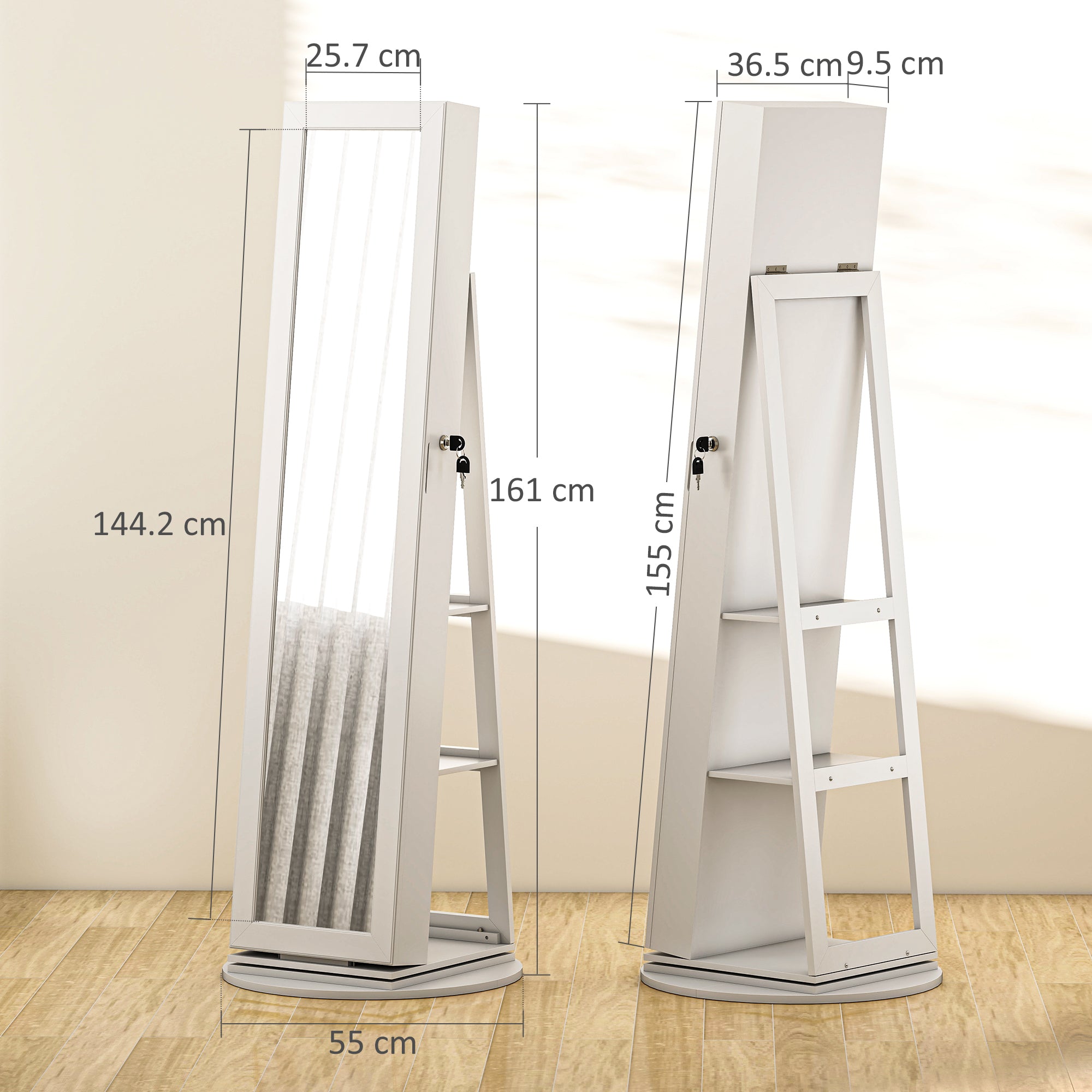 3-in-1 360° Swivel Jewelry Mirror, Rear Shelves and Lockable Door, 55x55x161 cm, White