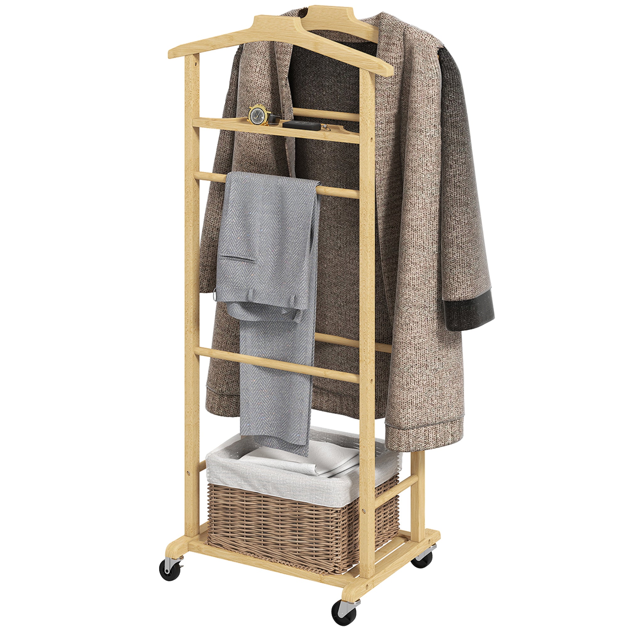 HOMCOM 4-in-1 Bamboo Valet Stand with Wheels, 2 Rods, Empty Pocket Tray and Shoe Shelf, 47 x 33.7 x 105.5 cm