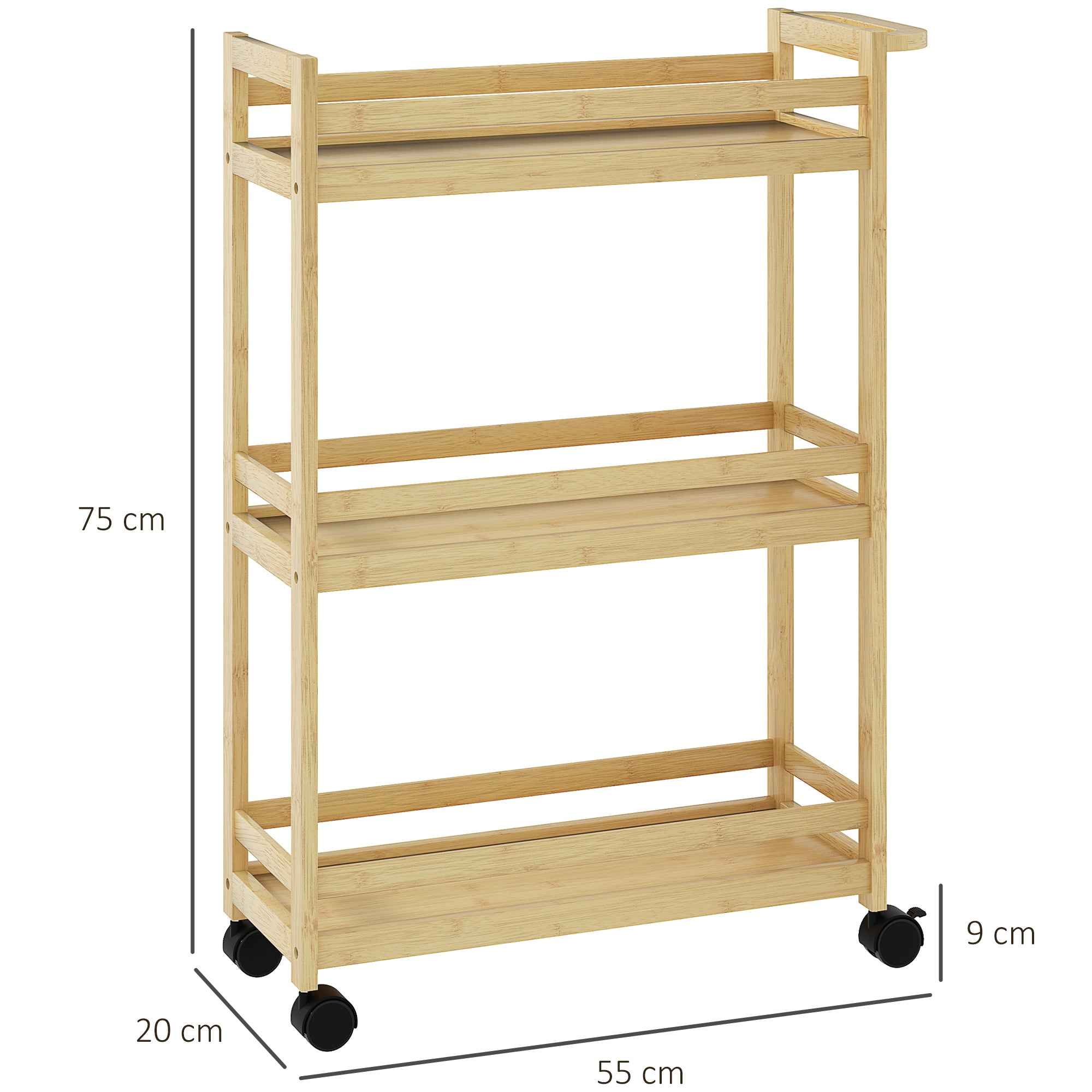 HOMCOM 3-Tier Bamboo Bathroom Storage Cart, 55x20x75 cm, Wood Color