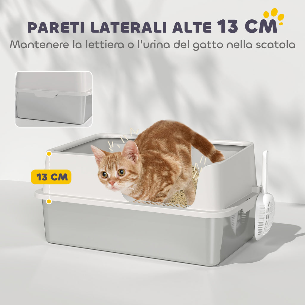 Cat Litter Box with Raised Edges, Tray and Scoop, Stainless Steel and PP, 60x40x28 cm, Light Grey