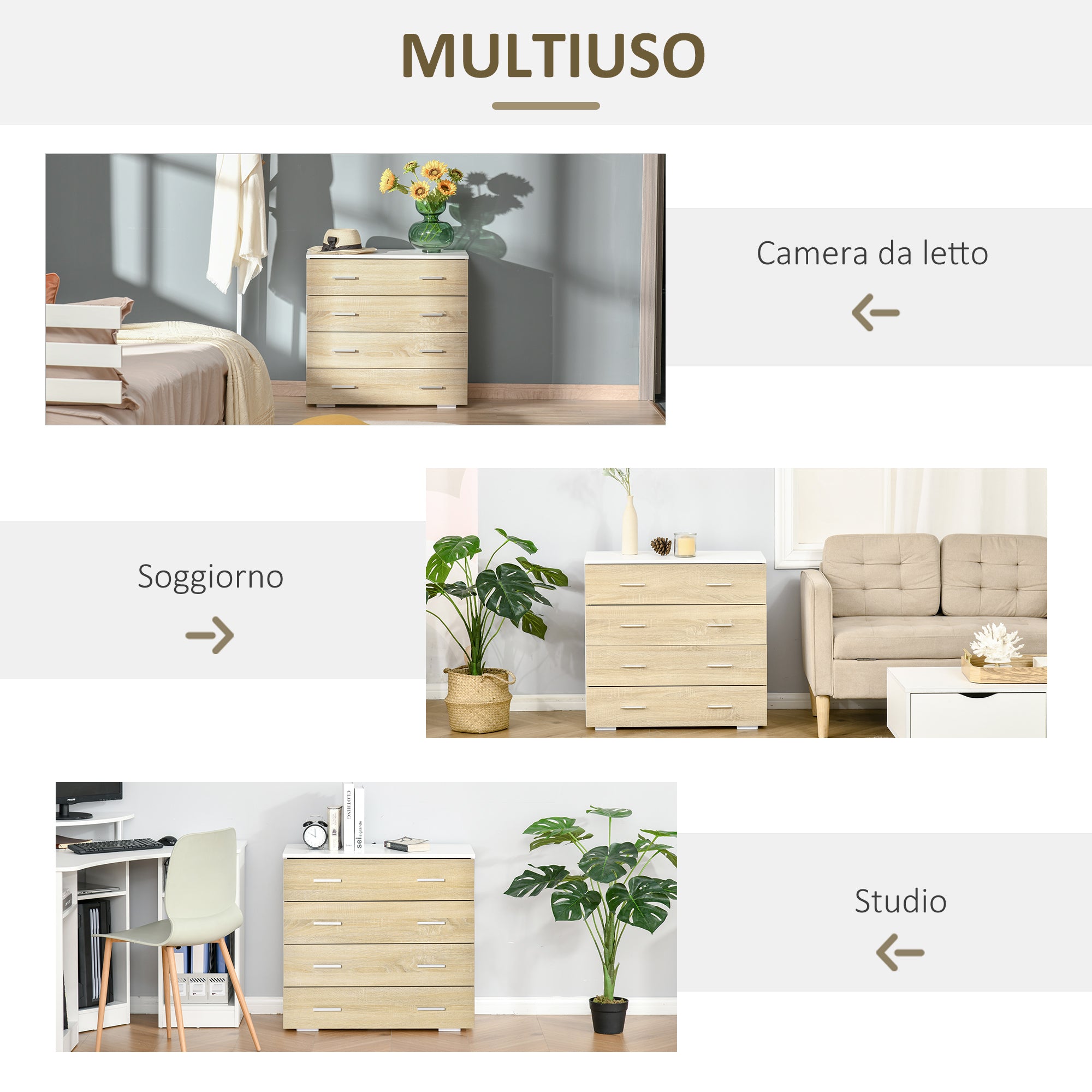 Chest of 4 Wooden Drawers and Aluminum Handles, 76x35x72cm, White and Oak