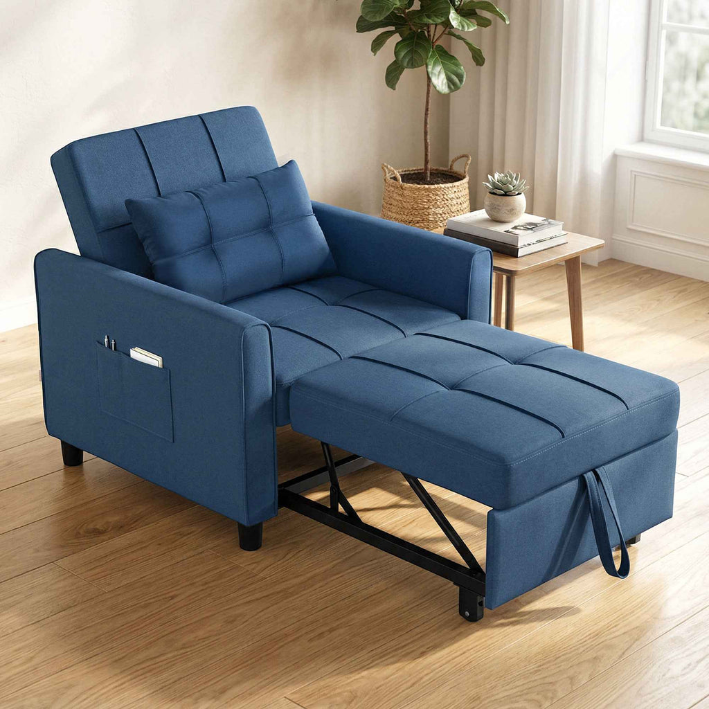Folding Chair Bed with Adjustable Backrest and Cushion, Blue