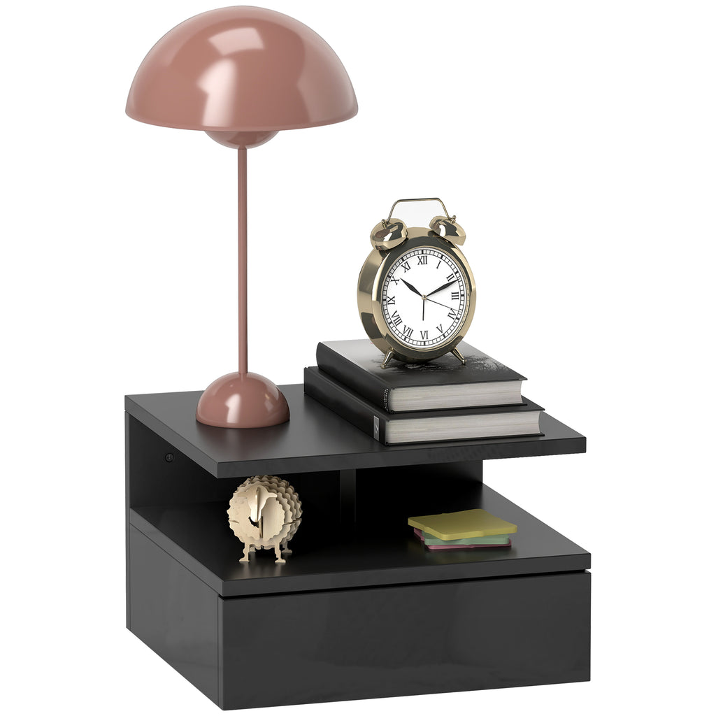 Floating Nightstand for Bedroom with Drawer and Open Shelf in Wood, 35x32x22.5 cm, Glossy Black