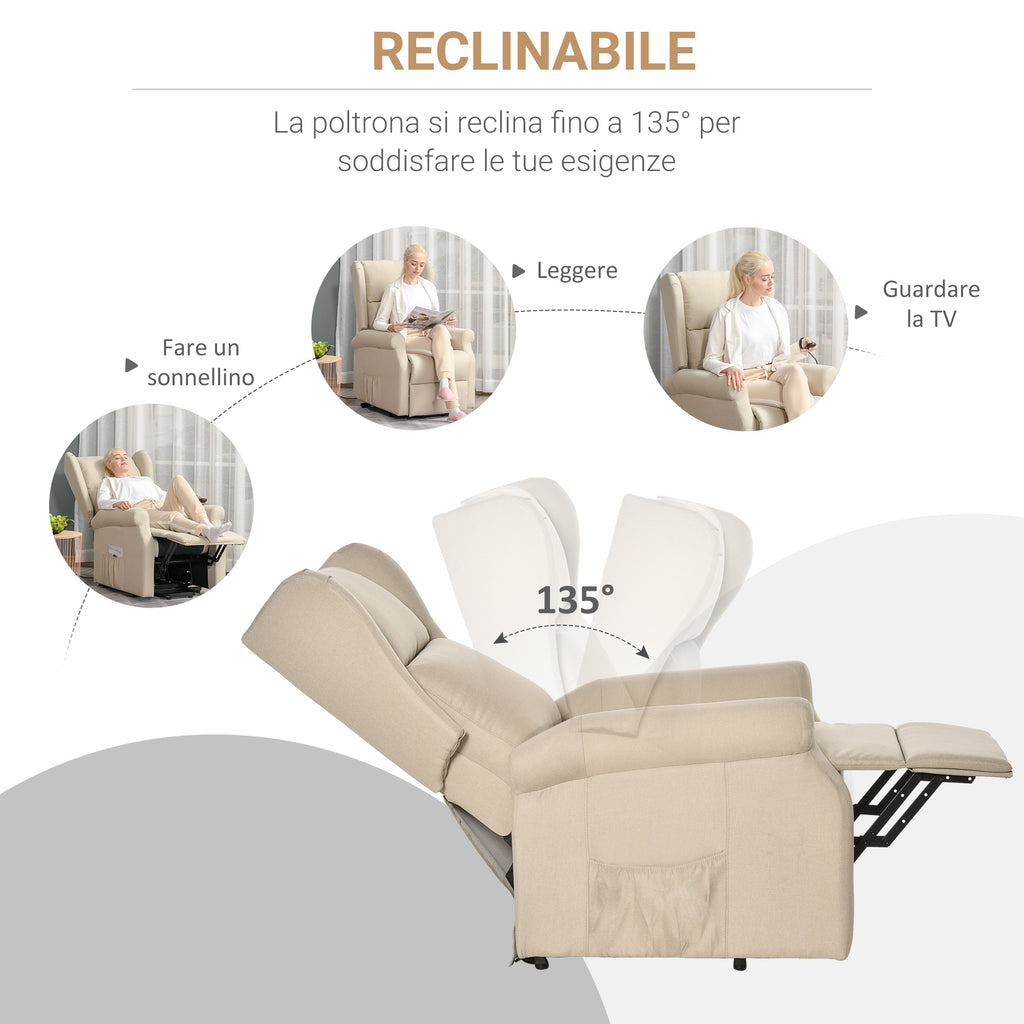 Electric Lift Recliner Chair, 135° Reclining, Load Capacity 200KG, Electric Relax Chair in Linen Effect Fabric with Remote Control, Footrest and 1 Side Pocket for Living Room, Cream White