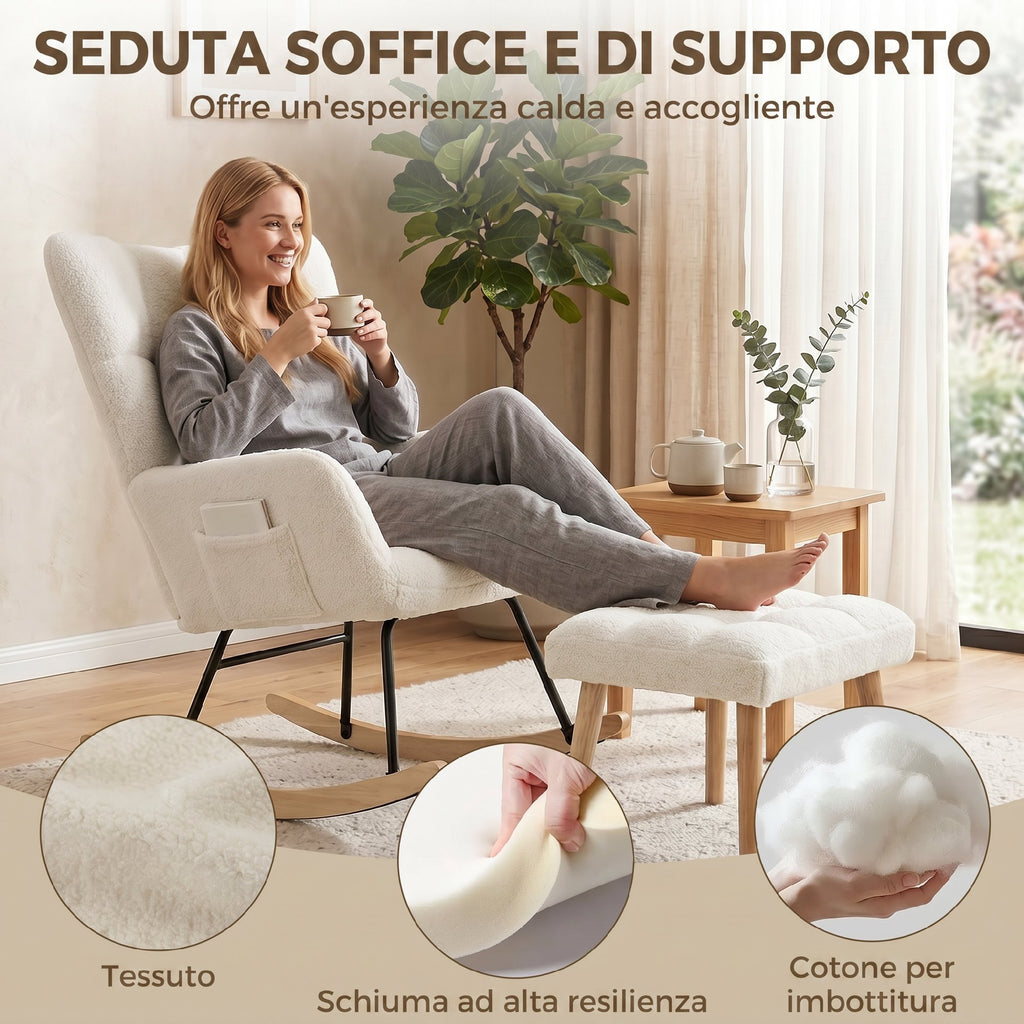HOMCOM Sherpa Rocking Chair with Footrest, Side Pockets, Thick Seat and Quilted Design, Cream