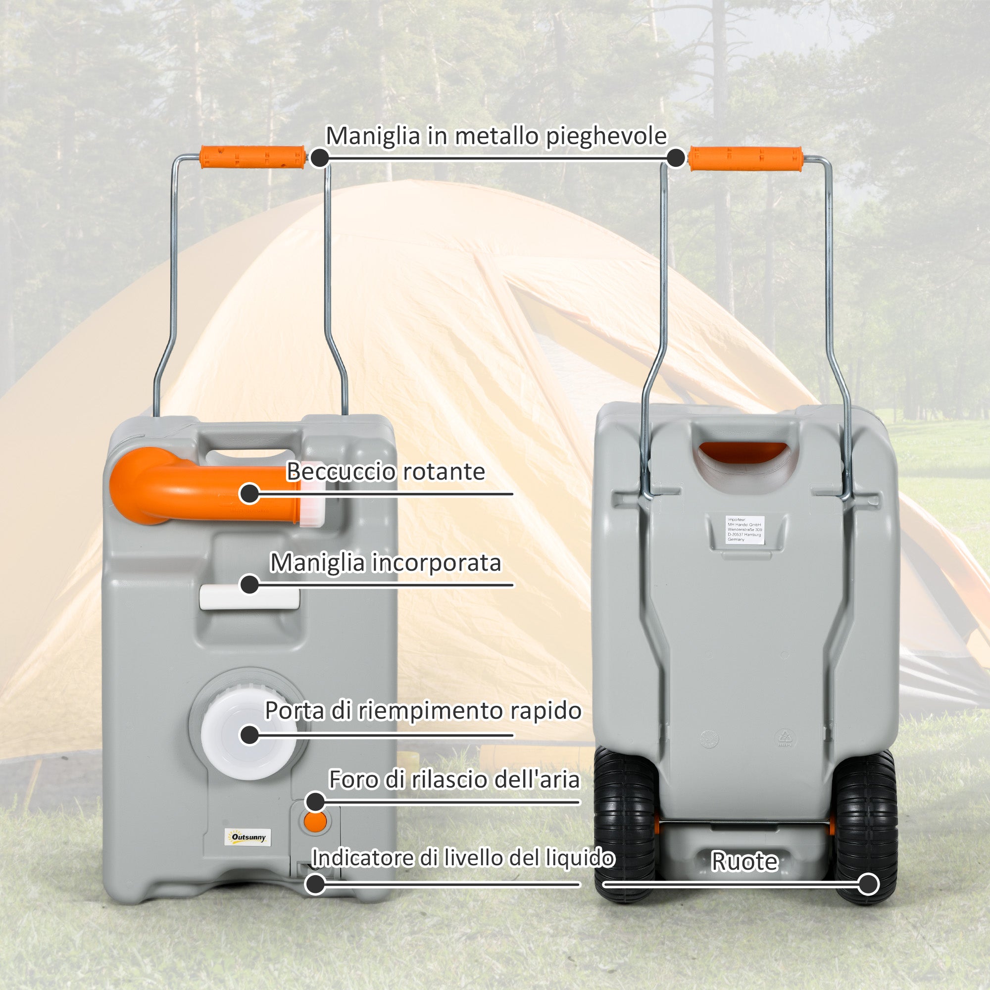 22L Camping Water Tank with Wheels and Handle and Swivel Spout, Gray