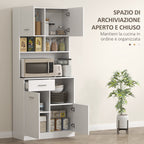 Wooden Pantry Cabinet with Drawer, 4 Cabinets and 3 Open Shelves, 80x35x180 cm, White