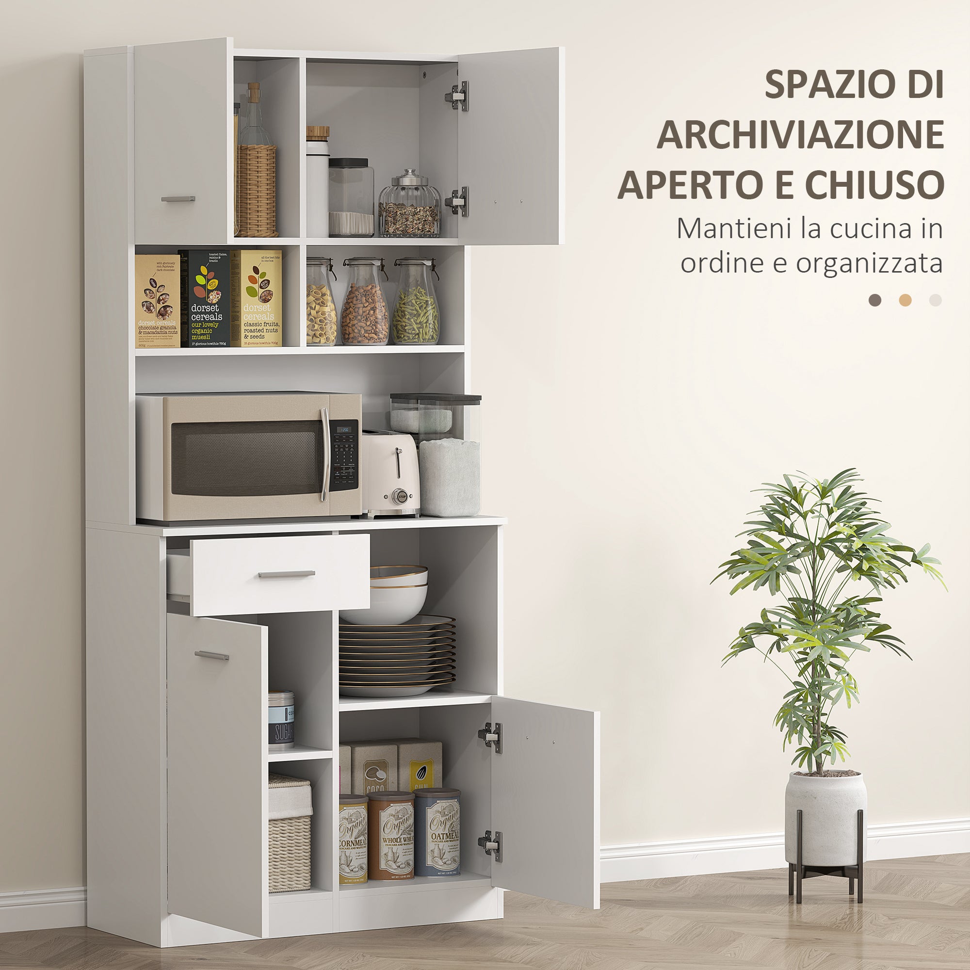 Wooden Pantry Cabinet with Drawer, 4 Cabinets and 3 Open Shelves, 80x35x180 cm, White