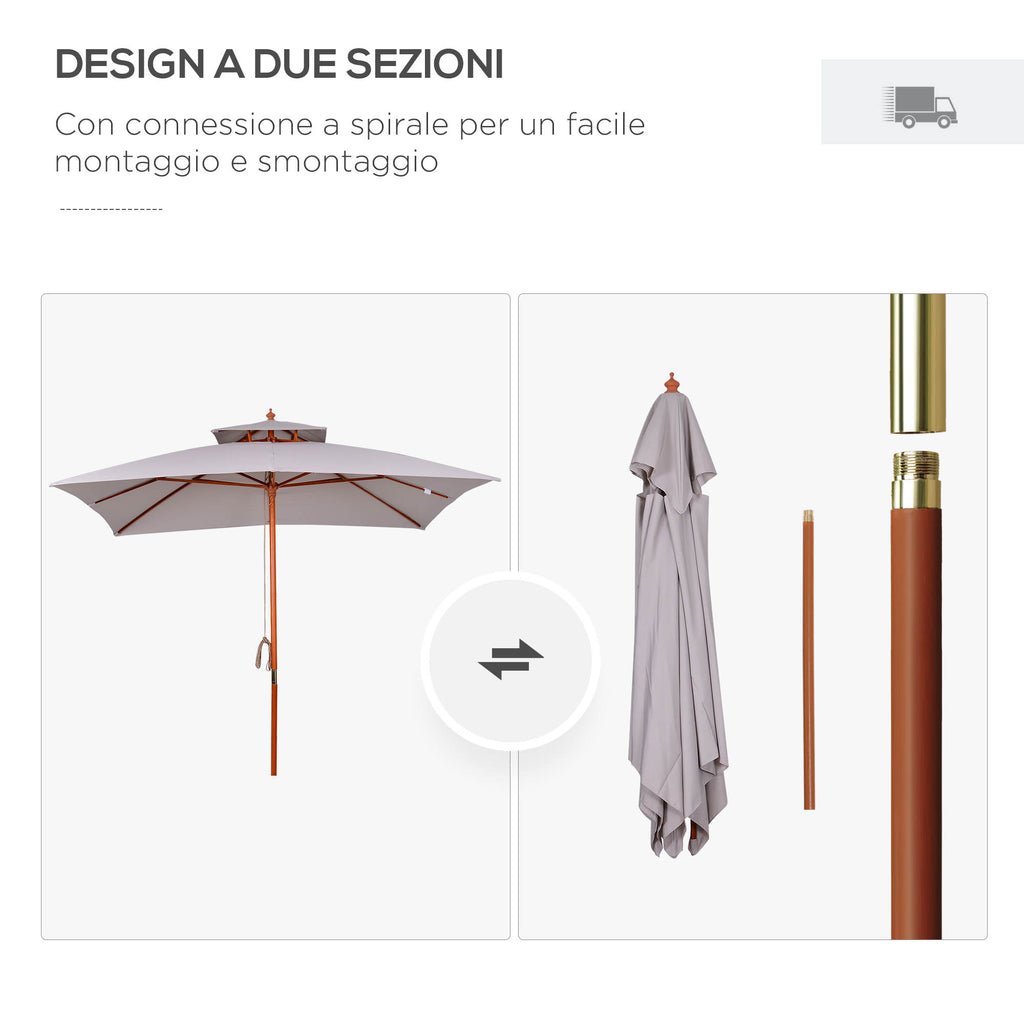 Garden Umbrella 3x3m with 8 Bamboo Ribs and 2-Tier Parasol Cover, Gray