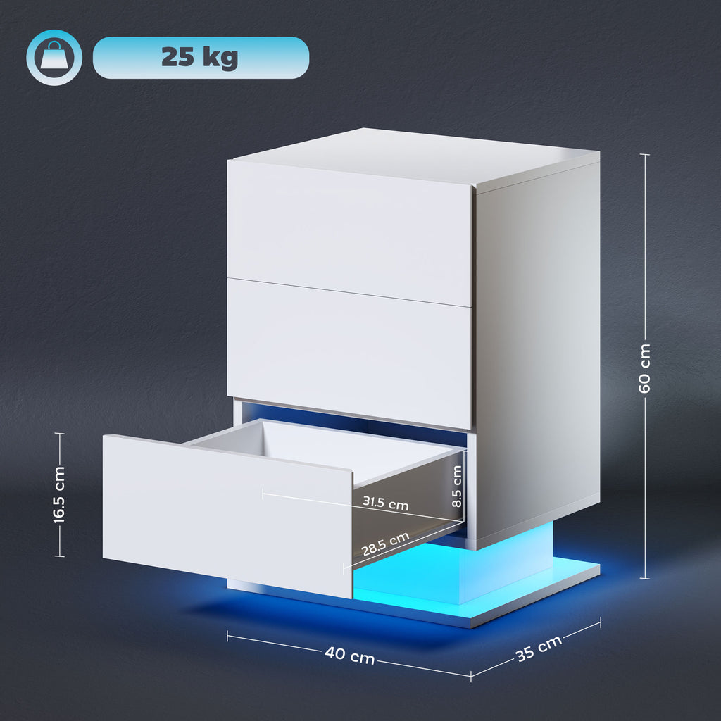 Modern Bedside Table with Adjustable LED Light with Remote Control and 3 Drawers, 40x35x60 cm, Glossy White