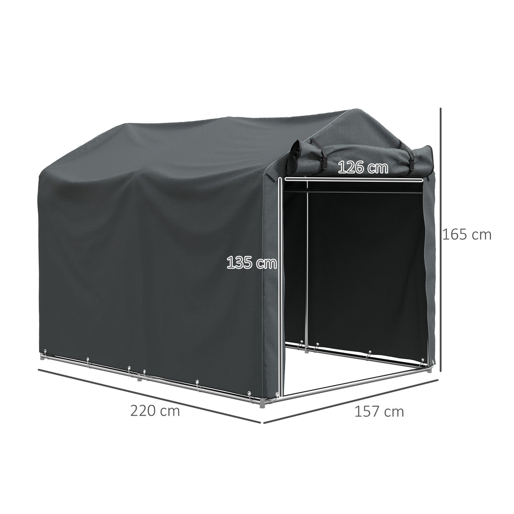 Garage Awning with Roller Entrance, Ropes and Pegs, in Galvanized Metal and PE, 220x157x165 cm, Dark Gray