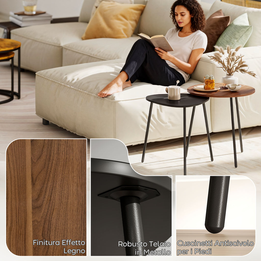 Set of 2 Stackable Coffee Tables with Metal Frame for Living Room and Office, Walnut and Black