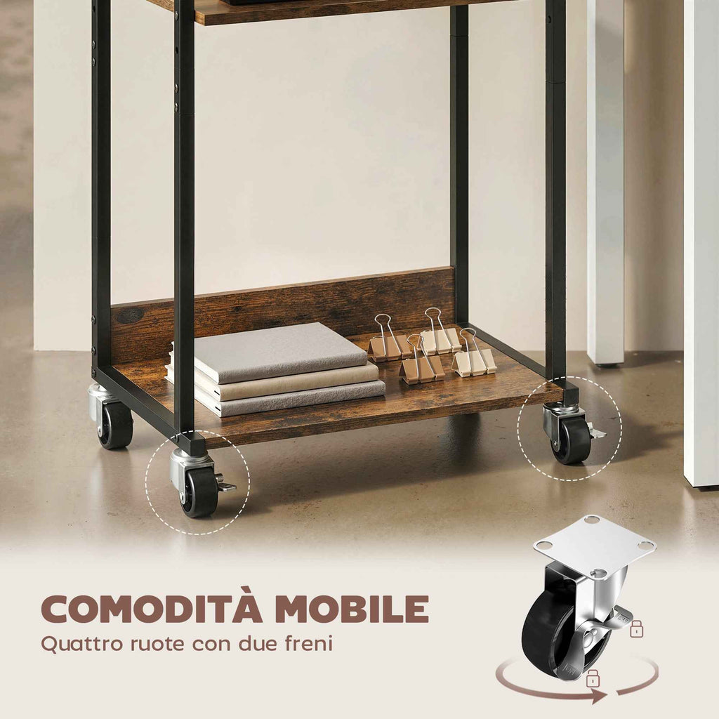 HOMCOM Industrial Printer Table 3 Tier, Wheels and Hooks, Rustic Brown.