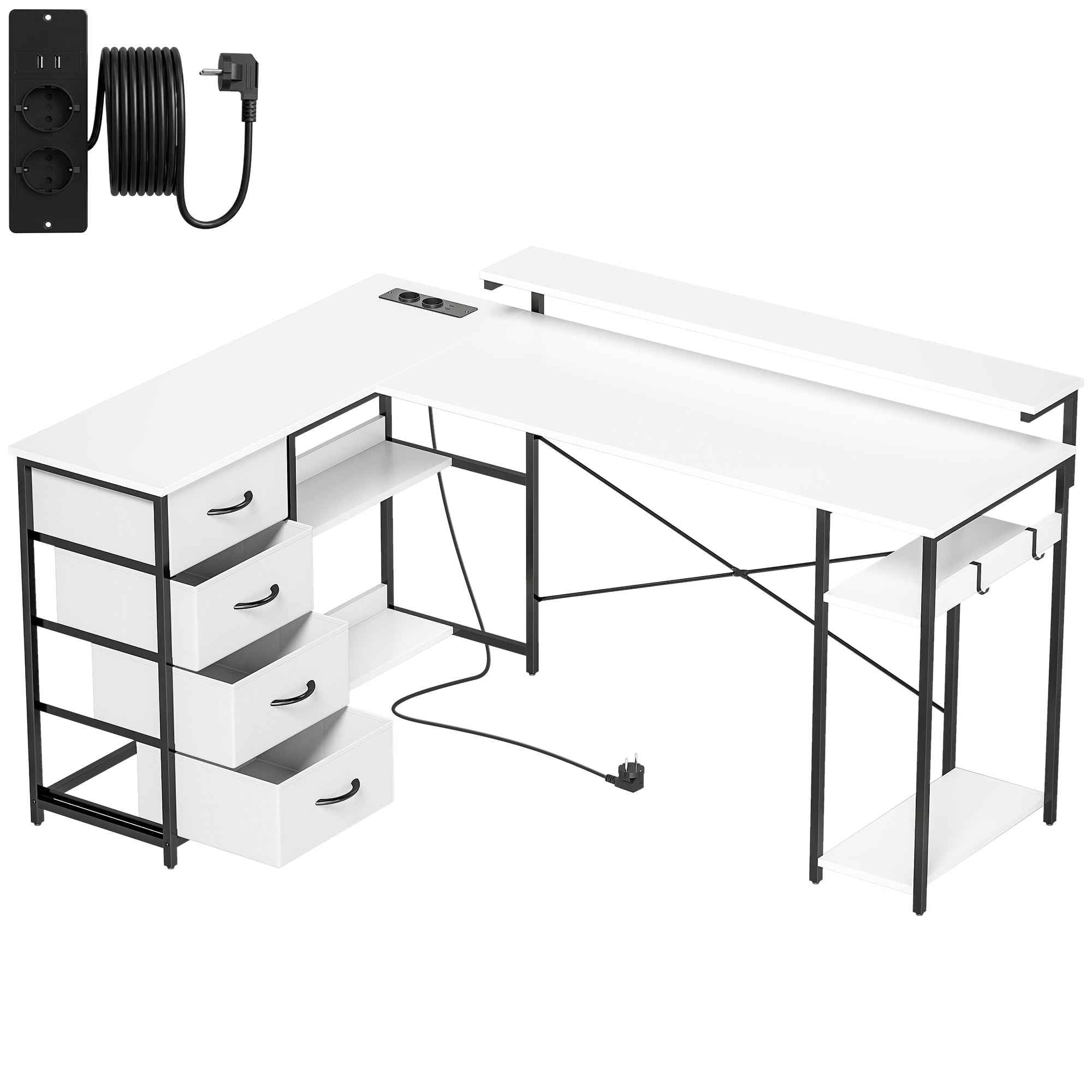 HOMCOM Corner Desk with Sockets, 4 Fabric Drawers, Monitor Riser and 2 Hooks, 155x112x85.5-91.5 cm, Black and White