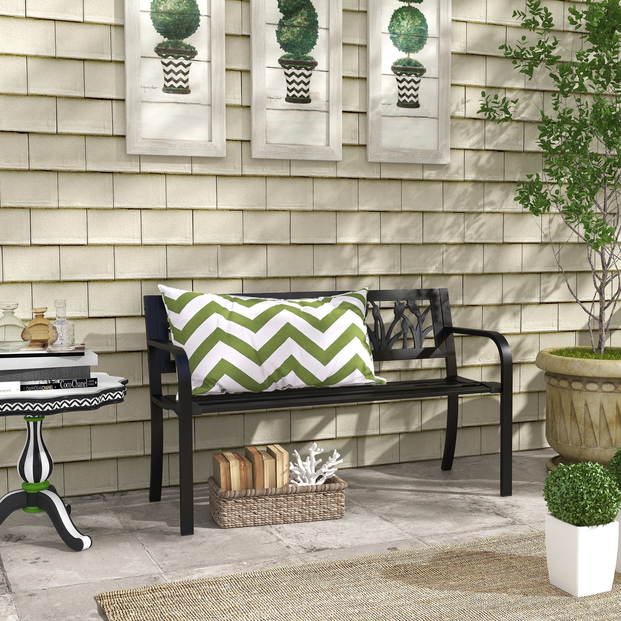 Outsunny 2 -seater garden bench with decorated back and armrests, 125x50x75cm, black - Borgè