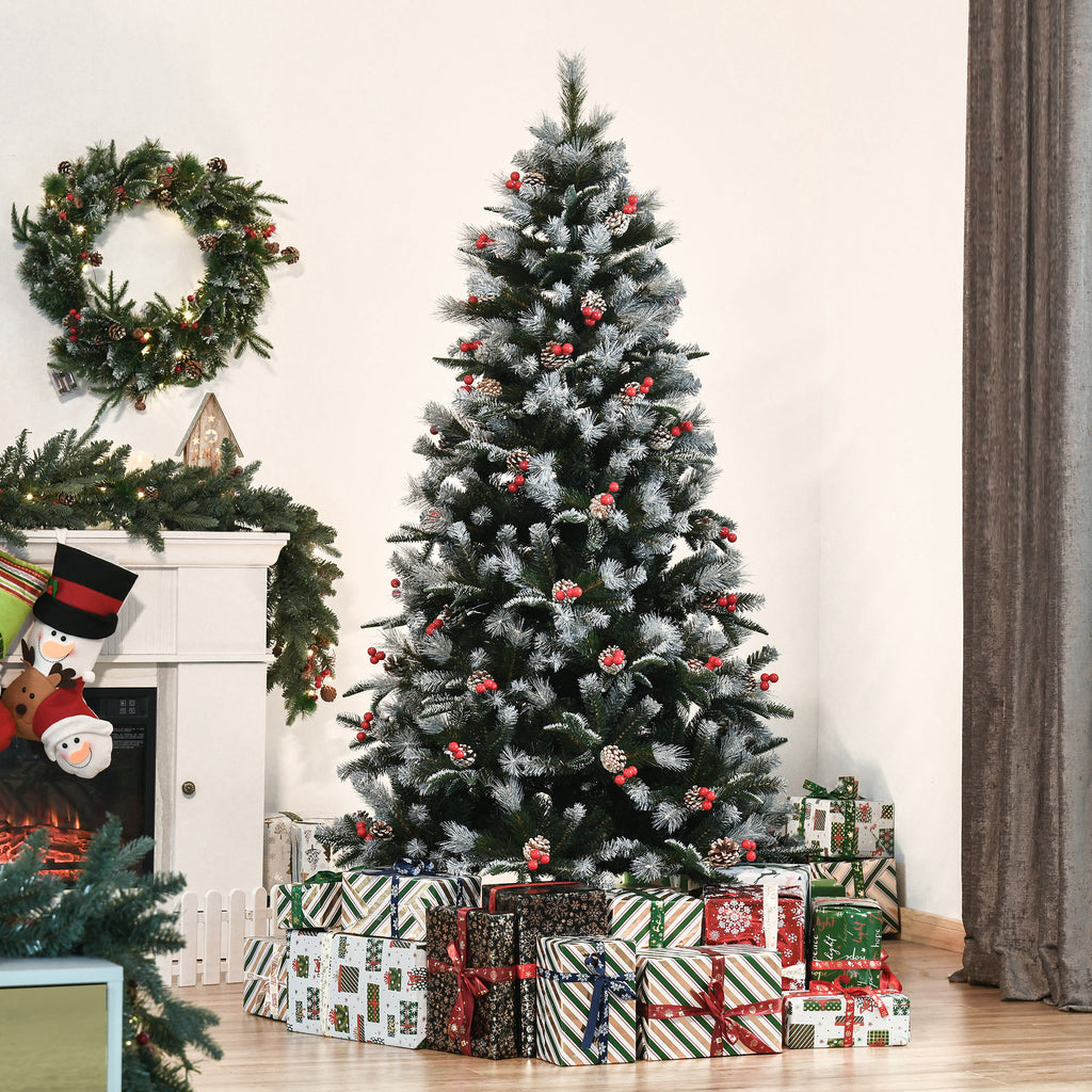 180cm Snowy Christmas Tree with Red Berries and White Pine Cones, Removable Folding Base, 678 Branches, Green