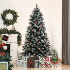 180cm Snowy Christmas Tree with Red Berries and White Pine Cones, Removable Folding Base, 678 Branches, Green