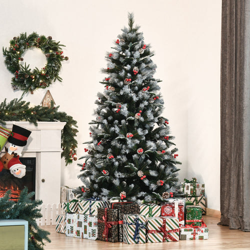 180cm Snowy Christmas Tree with Red Berries and White Pine Cones, Removable Folding Base, 678 Branches, Green