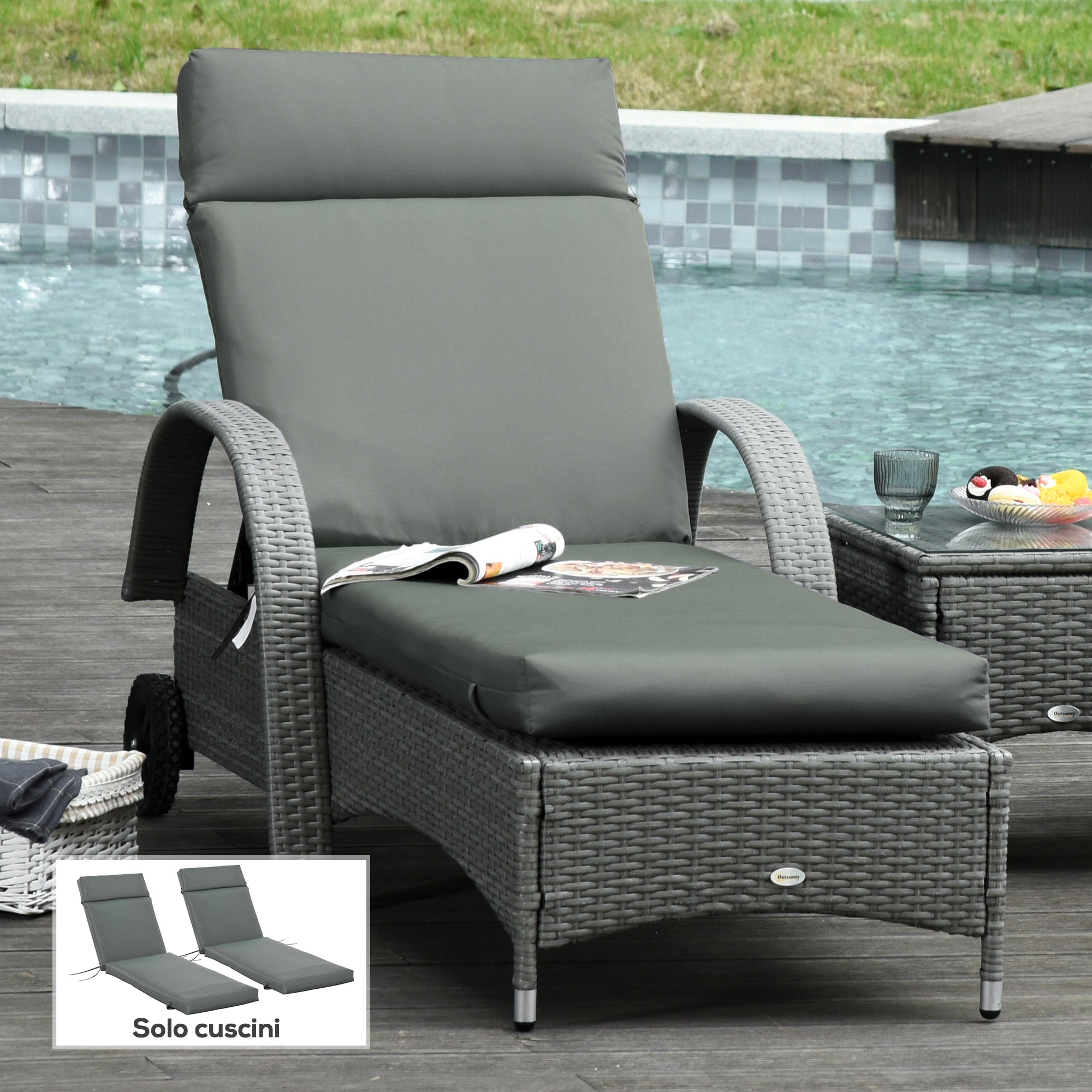 Outsunny Set of 2 Outdoor Lounger Cushions Padded in Cotton with Straps, 196x55x8 cm, Dark Grey