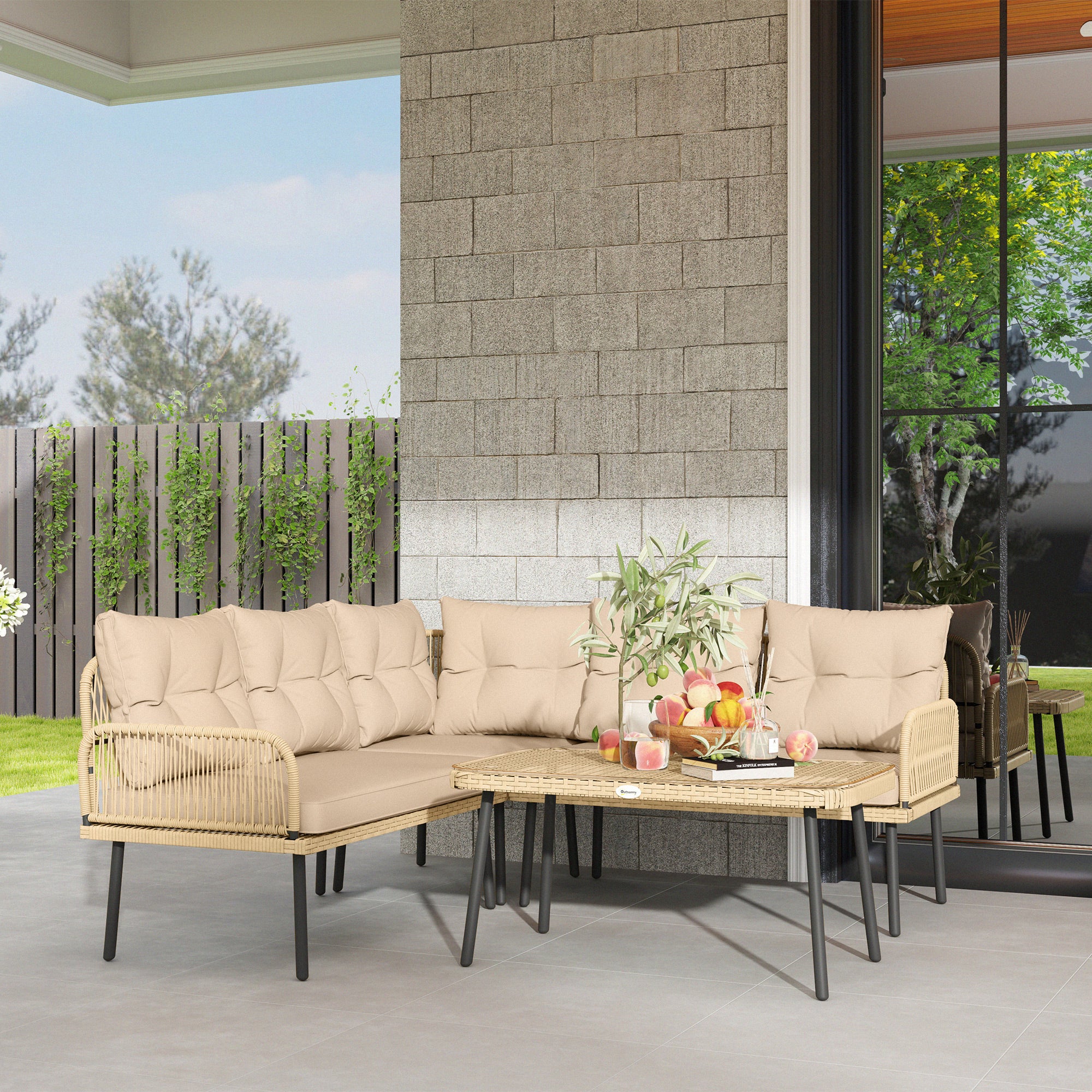 Rattan Garden Lounge Set 2 Sofas and Corner Chair with Cushions, Glass Coffee Table, Wood Color