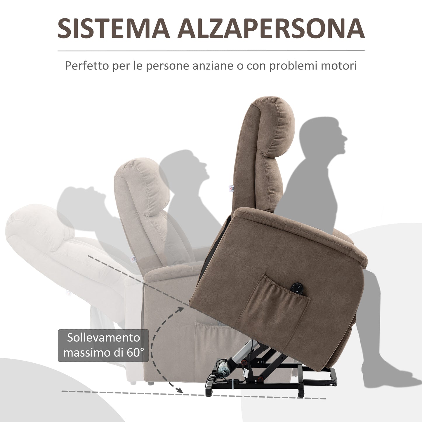 Lift Armchair Reclining 150° max with Remote Control and Footrest, 75x93x110 cm, Brown