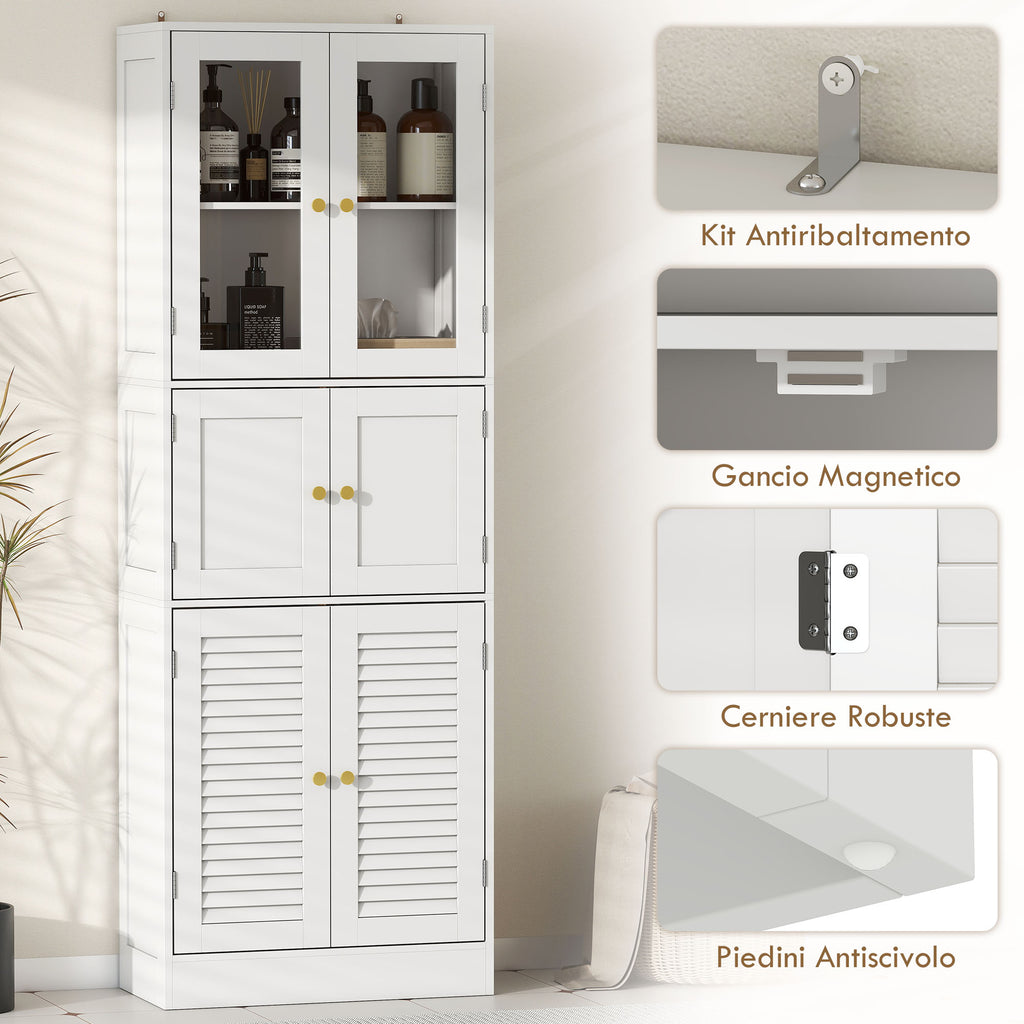 Bathroom Cabinet with 3 Glass and Wood 2-Door Cabinets, Adjustable Shelves, 60x30x170 cm, White