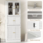 Bathroom Cabinet with 3 Glass and Wood 2-Door Cabinets, Adjustable Shelves, 60x30x170 cm, White