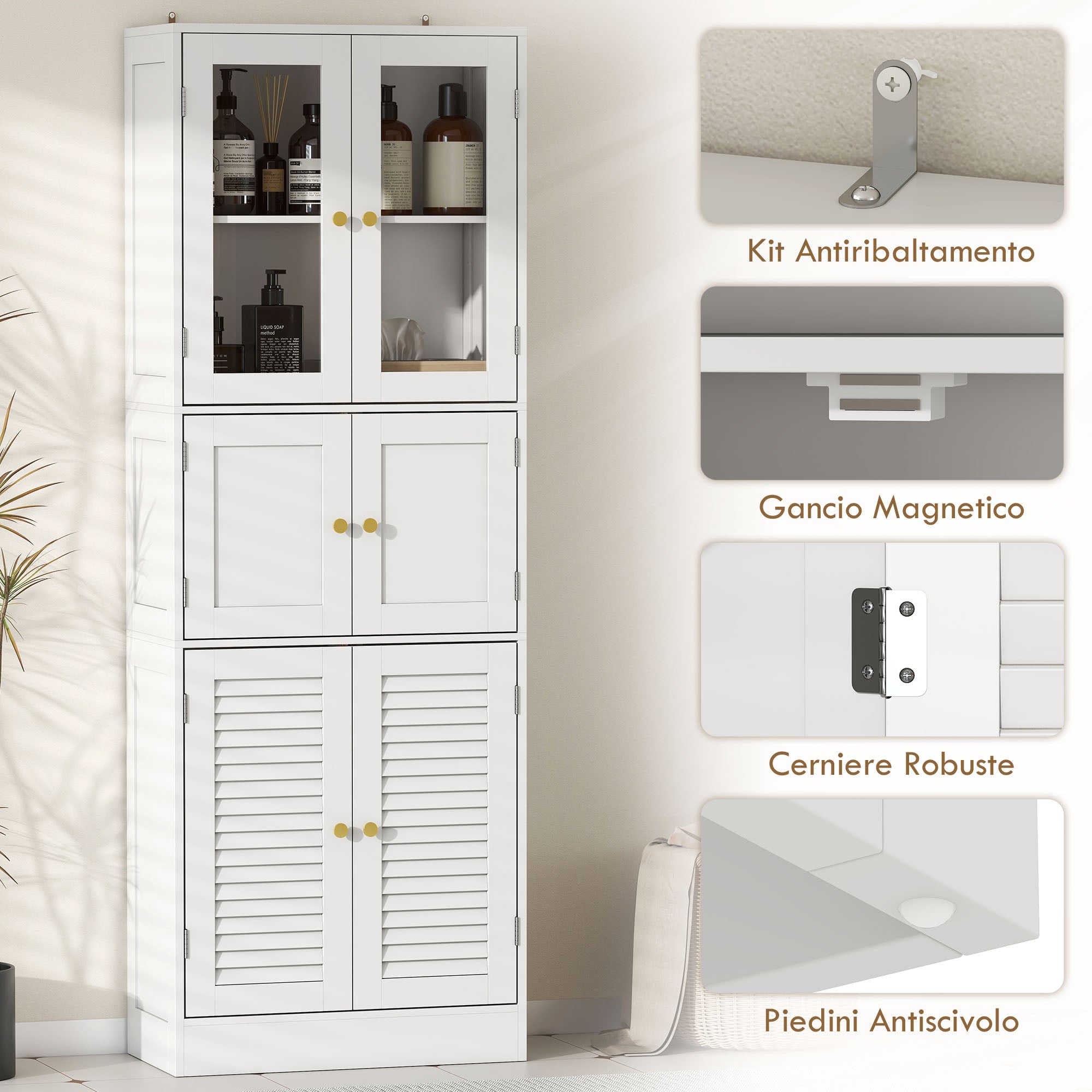 Bathroom Cabinet with 3 Glass and Wood 2-Door Cabinets, Adjustable Shelves, 60x30x170 cm, White