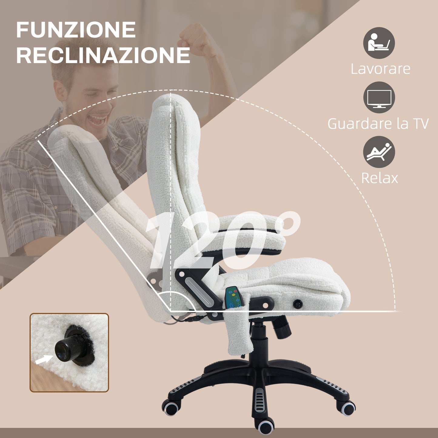 Adjustable Massage Office Chair with Remote Control, in Teddy Fabric, 67x74x107-116 cm, White