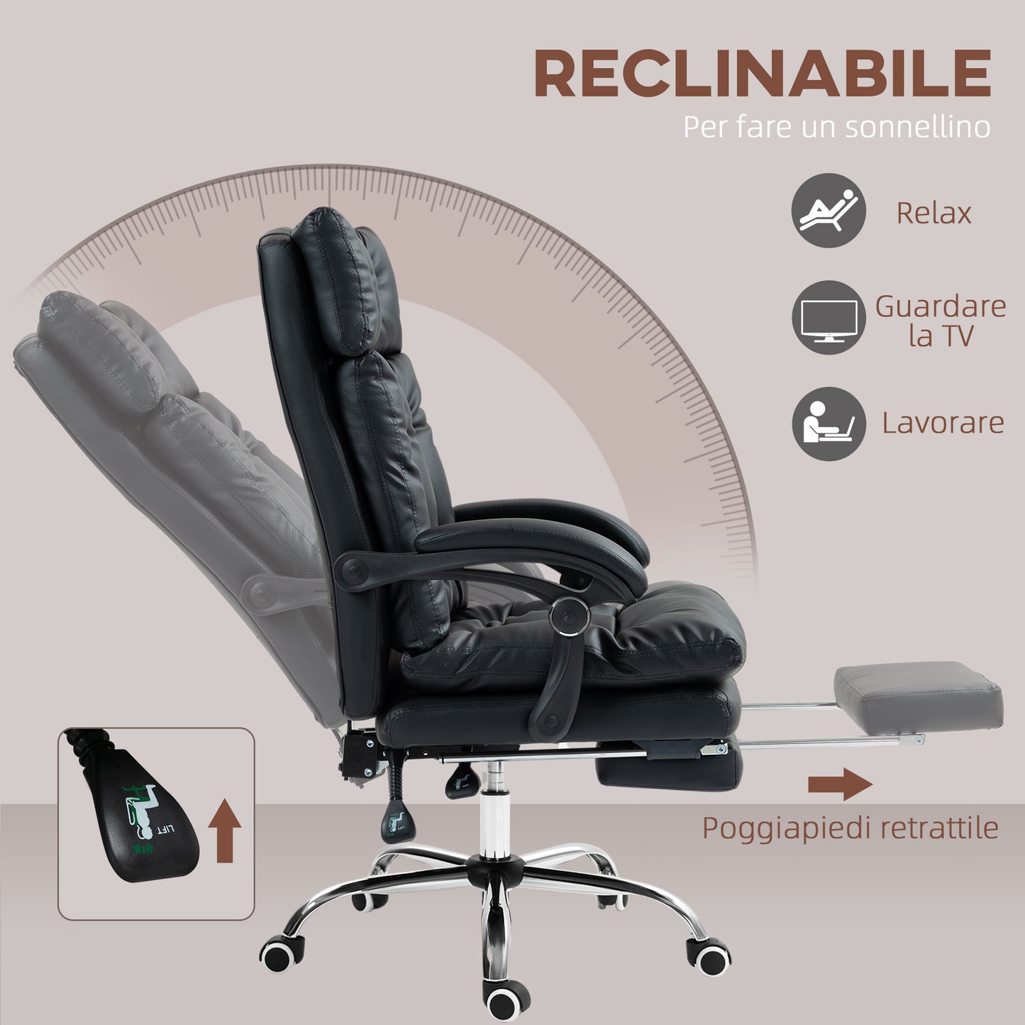 Faux Leather Office Chair with 135° Reclining Backrest and Pull-Out Footrest, Black