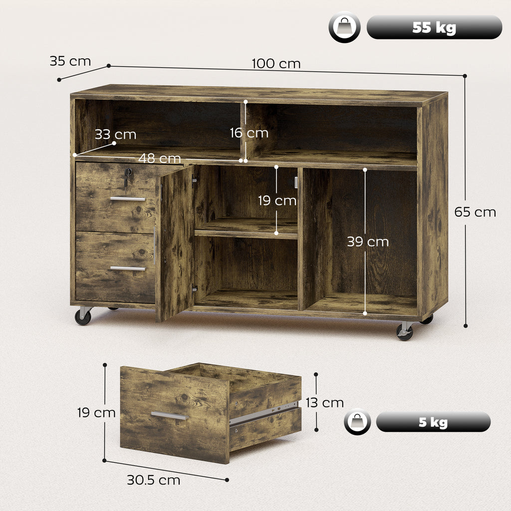 HOMCOM Wooden Printer Stand with Wheels, 2 Drawers, 3 Shelves, and 2 Cabinets, 100x35x65 cm, Brown