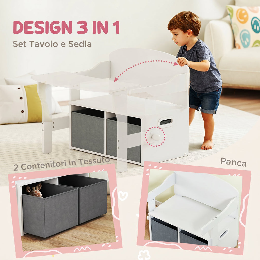 AIYAPLAY 3 in 1 Toy Bench for Children Ages 3-6, Convertible to Table and Chair with 2 Storage Bins, White