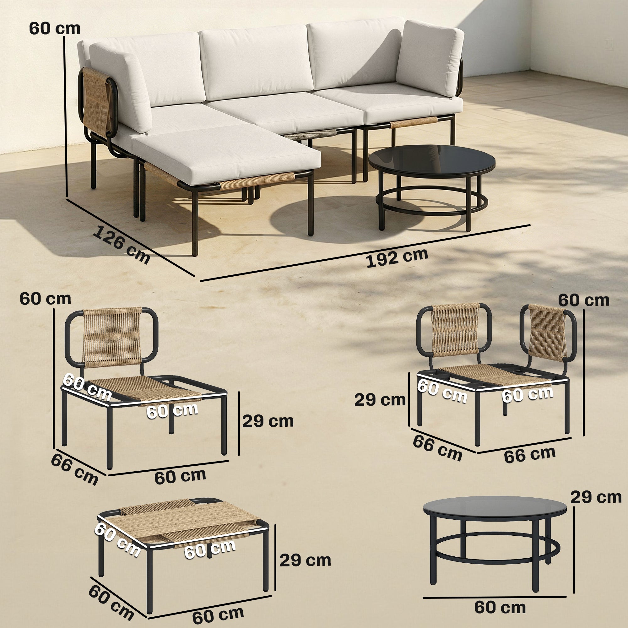 Outsunny 5-Piece Modular Rattan Garden Set with L-Shaped Sofa, Coffee Table, and Cushions, Khaki